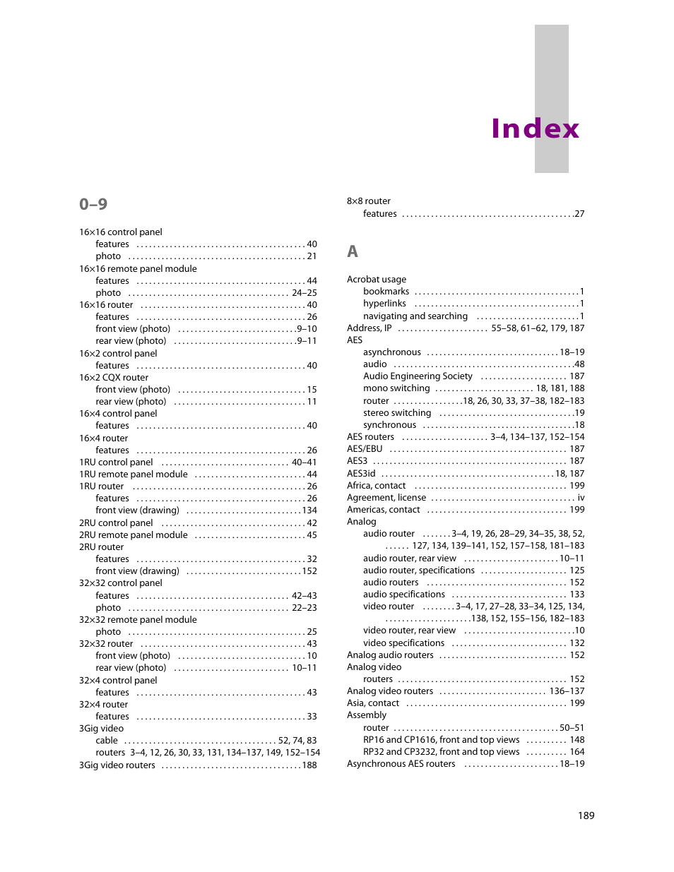 Index | Grass Valley CR Series v.3.2 User Manual | Page 201 / 212