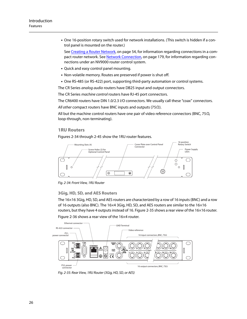 1ru routers, Introduction, 3gig, hd, sd, and aes routers | Quick and easy control panel mounting, Features, Fig. 2-34: front view, 1ru router | Grass Valley CR Series v.3.2 User Manual | Page 38 / 212