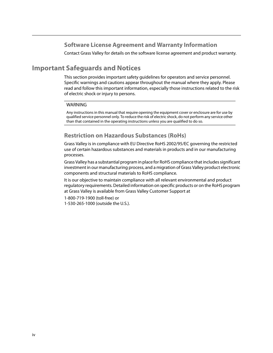 Important safeguards and notices, Restriction on hazardous substances (rohs) | Grass Valley CR Series v.3.2 User Manual | Page 4 / 212