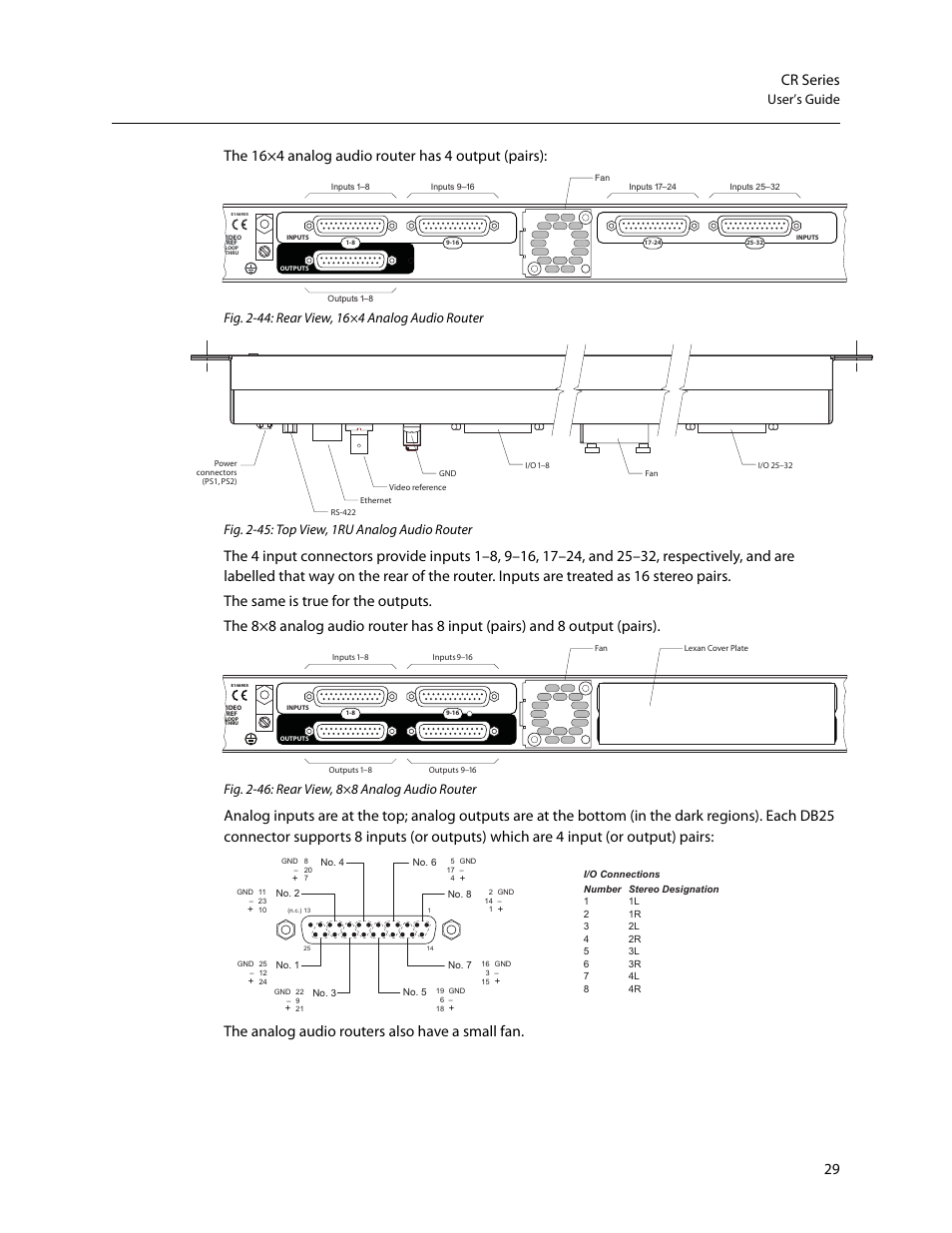 29 cr series, The 16×4 analog audio router has 4 output (pairs), User’s guide | Grass Valley CR Series v.3.2 User Manual | Page 41 / 212