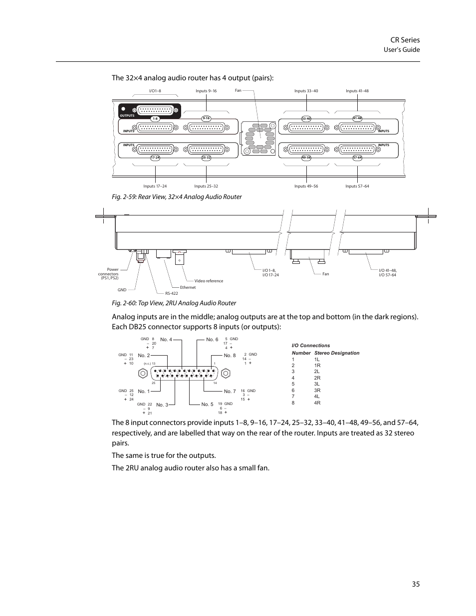 35 cr series, The 32×4 analog audio router has 4 output (pairs), User’s guide | Grass Valley CR Series v.3.2 User Manual | Page 47 / 212