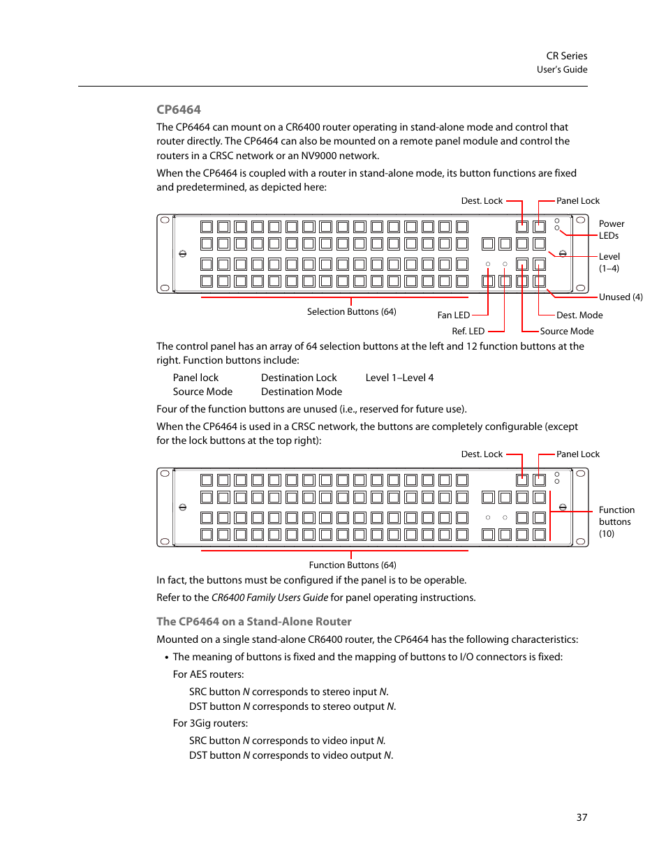 Cp6464, The cp6464 on a stand-alone router, 37 cr series | User’s guide | Grass Valley CR Series v.3.2 User Manual | Page 49 / 212