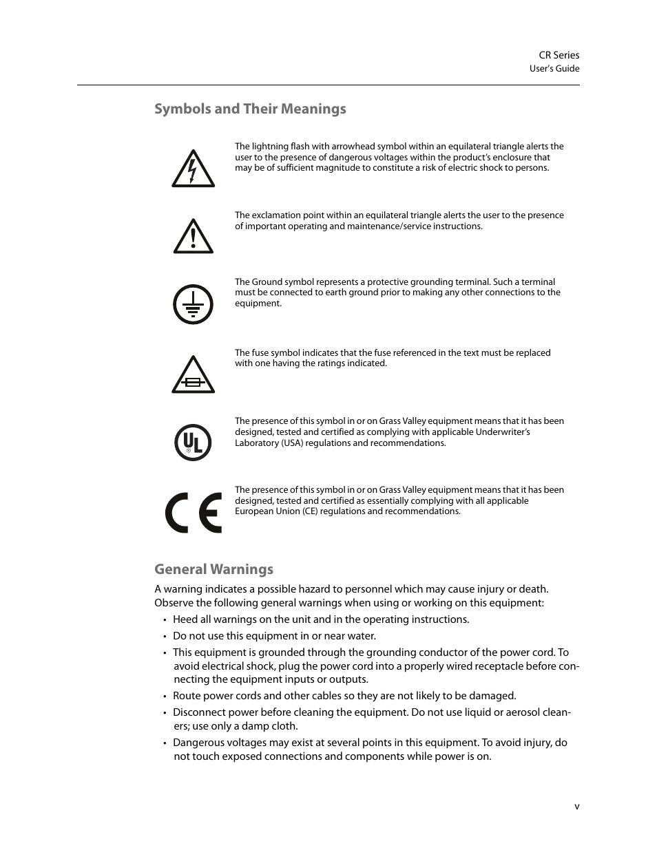 Symbols and their meanings general warnings | Grass Valley CR Series v.3.2 User Manual | Page 5 / 212