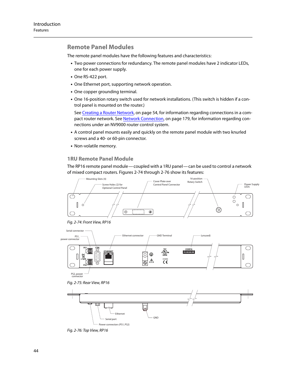 Remote panel modules, 1ru remote panel module, Introduction | One rs-422 port, One ethernet port, supporting network operation, One copper grounding terminal, The rp16 remote panel module, Coupled with a 1ru panel | Grass Valley CR Series v.3.2 User Manual | Page 56 / 212