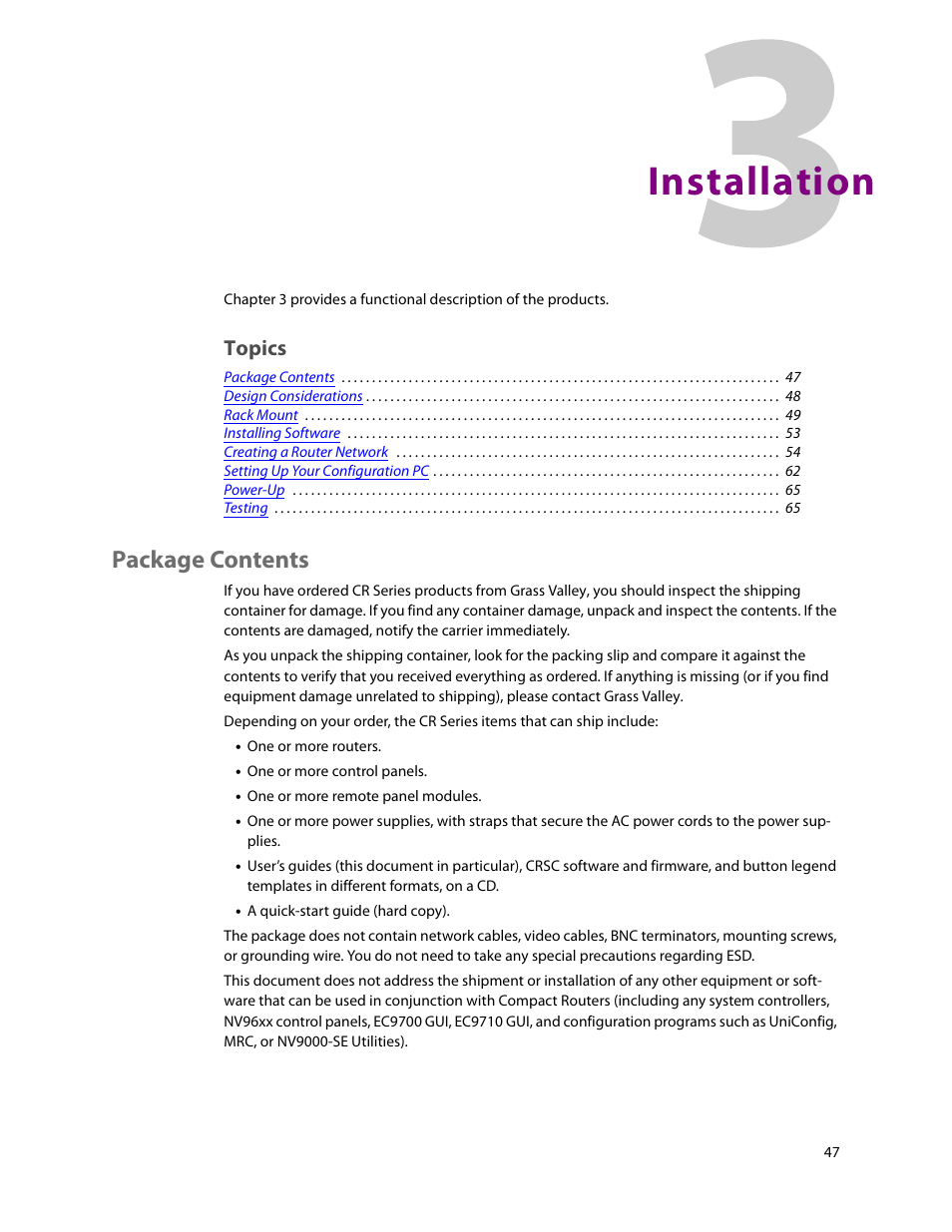 Installation, Package contents, 3 installation | Chapter 3, Topics | Grass Valley CR Series v.3.2 User Manual | Page 59 / 212