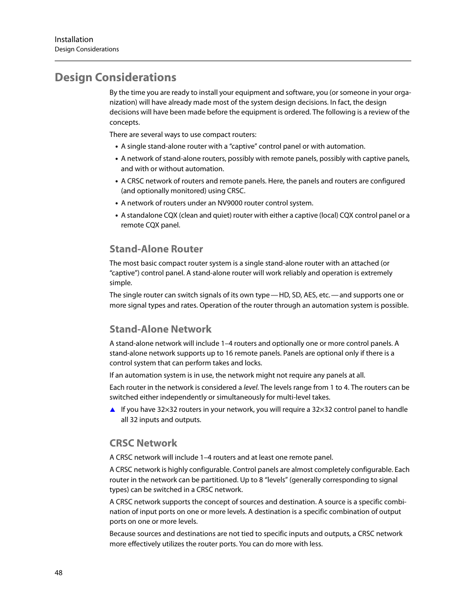 Design considerations, Stand-alone router, Stand-alone network | Crsc network | Grass Valley CR Series v.3.2 User Manual | Page 60 / 212