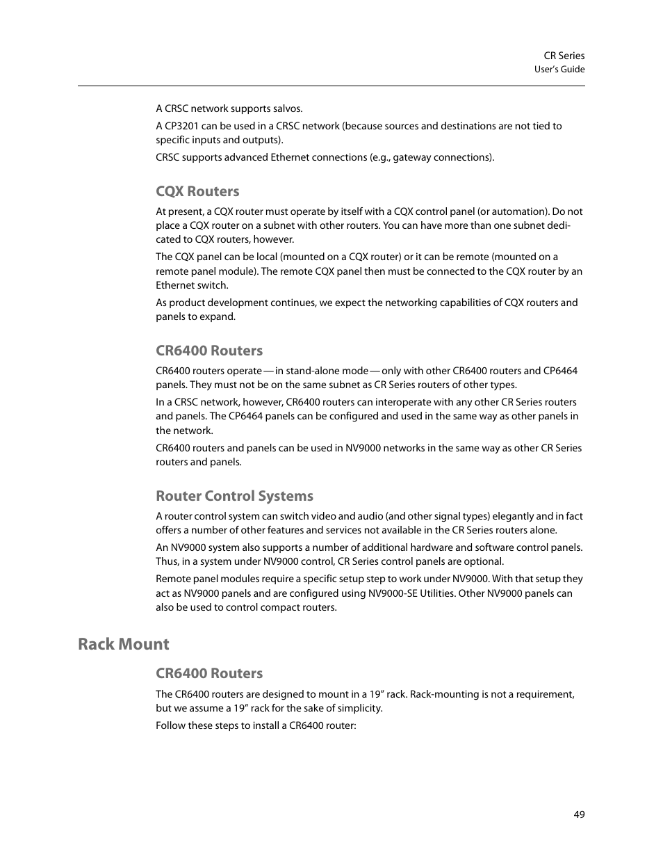Cqx routers, Cr6400 routers, Router control systems | Rack mount, Cqx routers cr6400 routers router control systems | Grass Valley CR Series v.3.2 User Manual | Page 61 / 212