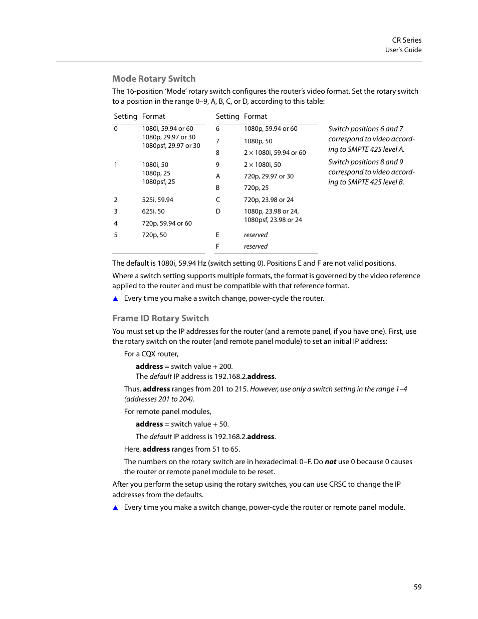 Mode rotary switch, Frame id rotary switch, Mode rotary switch frame id rotary switch | Grass Valley CR Series v.3.2 User Manual | Page 71 / 212