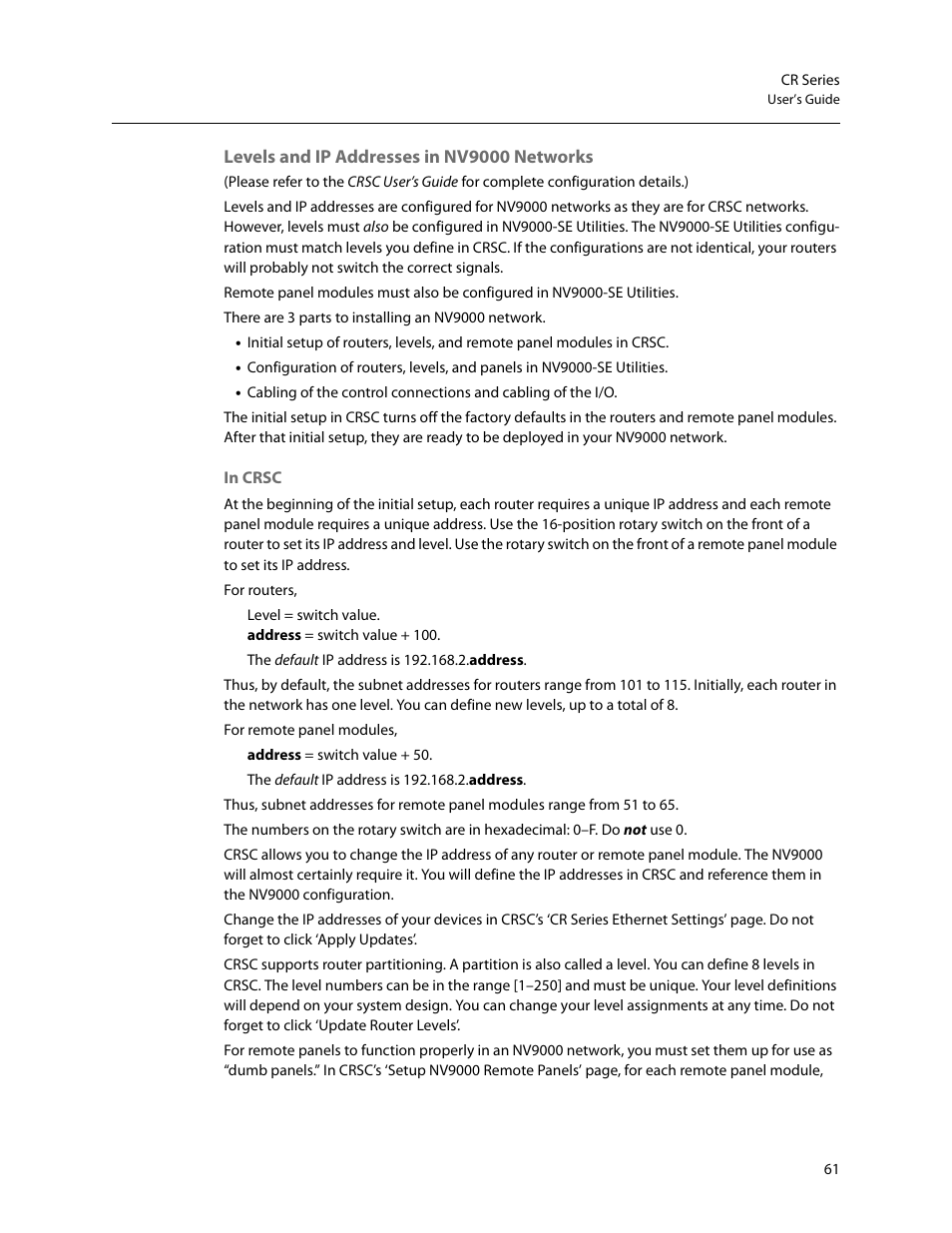 Levels and ip addresses in nv9000 networks | Grass Valley CR Series v.3.2 User Manual | Page 73 / 212