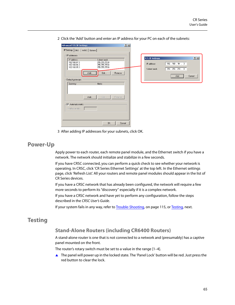 Power-up, Testing, Stand-alone routers (including cr6400 routers) | Power-up testing | Grass Valley CR Series v.3.2 User Manual | Page 77 / 212