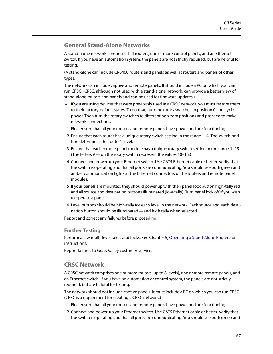 General stand-alone networks, Further testing, Crsc network | Grass Valley CR Series v.3.2 User Manual | Page 79 / 212