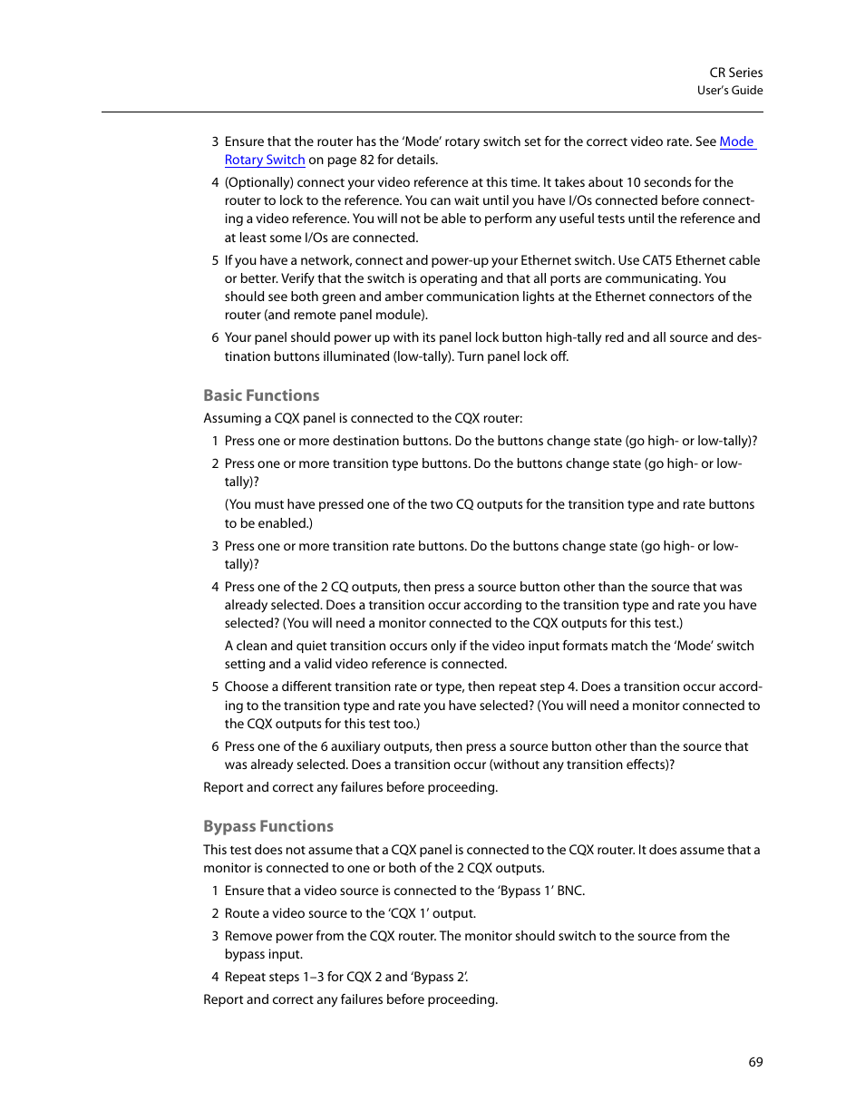 Basic functions, Bypass functions, Basic functions bypass functions | Grass Valley CR Series v.3.2 User Manual | Page 81 / 212