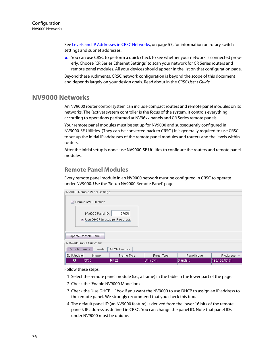 Nv9000 networks, Remote panel modules | Grass Valley CR Series v.3.2 User Manual | Page 88 / 212