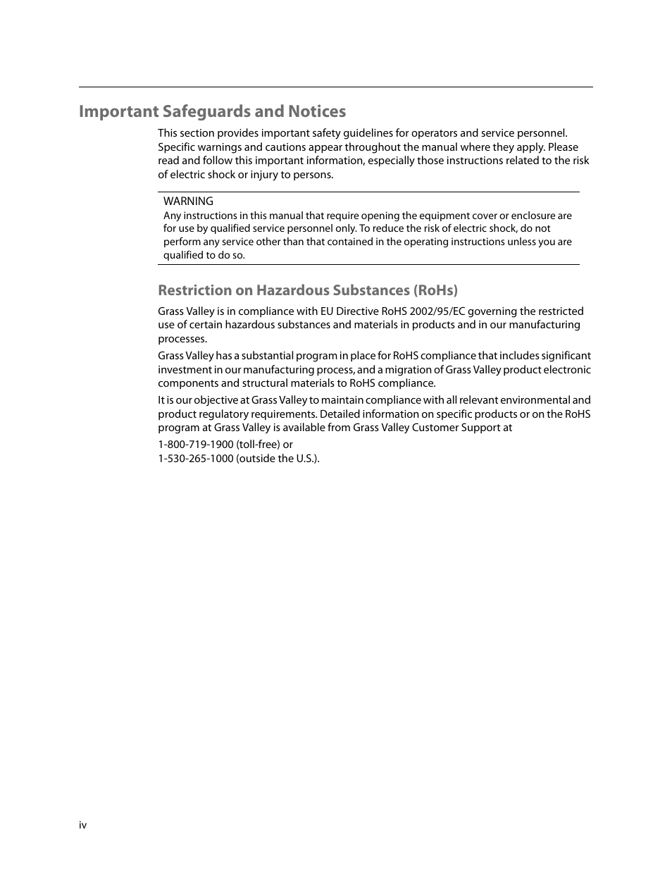 Important safeguards and notices, Restriction on hazardous substances (rohs) | Grass Valley CR6400 Family v.1.2 User Manual | Page 4 / 110