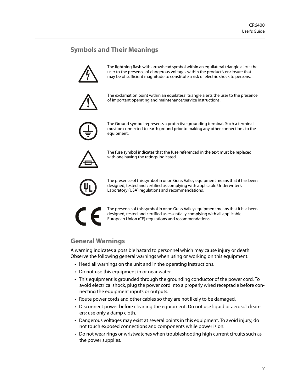 Symbols and their meanings general warnings | Grass Valley CR6400 Family v.1.2 User Manual | Page 5 / 110