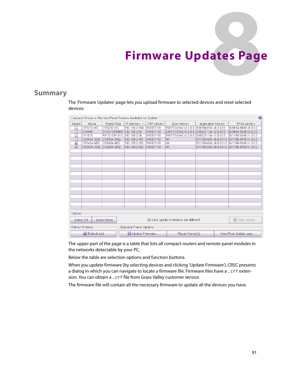 Summary, Firmware updates page | Grass Valley CRSC v.3.2 User Manual | Page 103 / 186