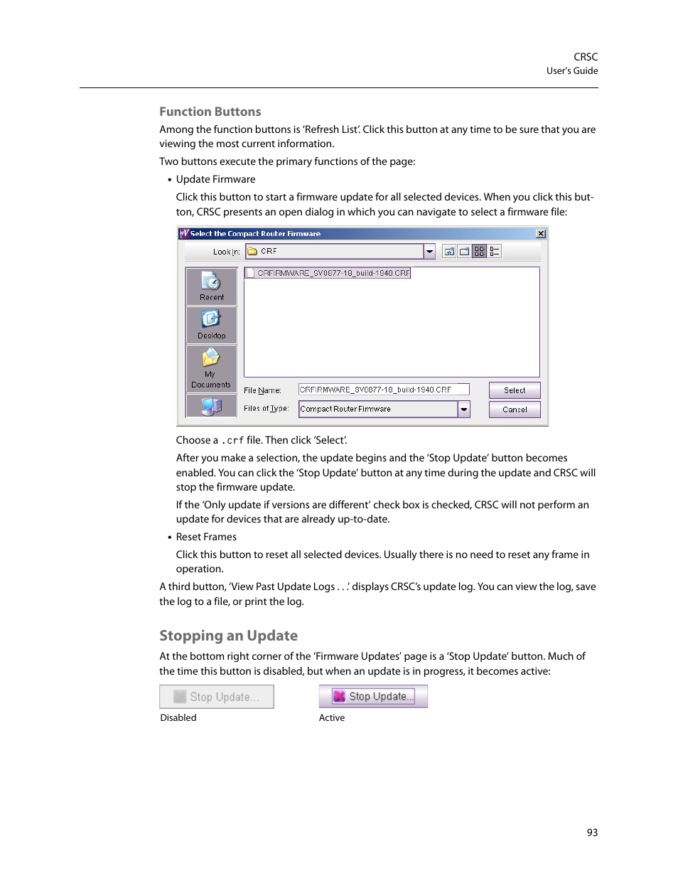 Stopping an update, Function buttons | Grass Valley CRSC v.3.2 User Manual | Page 105 / 186