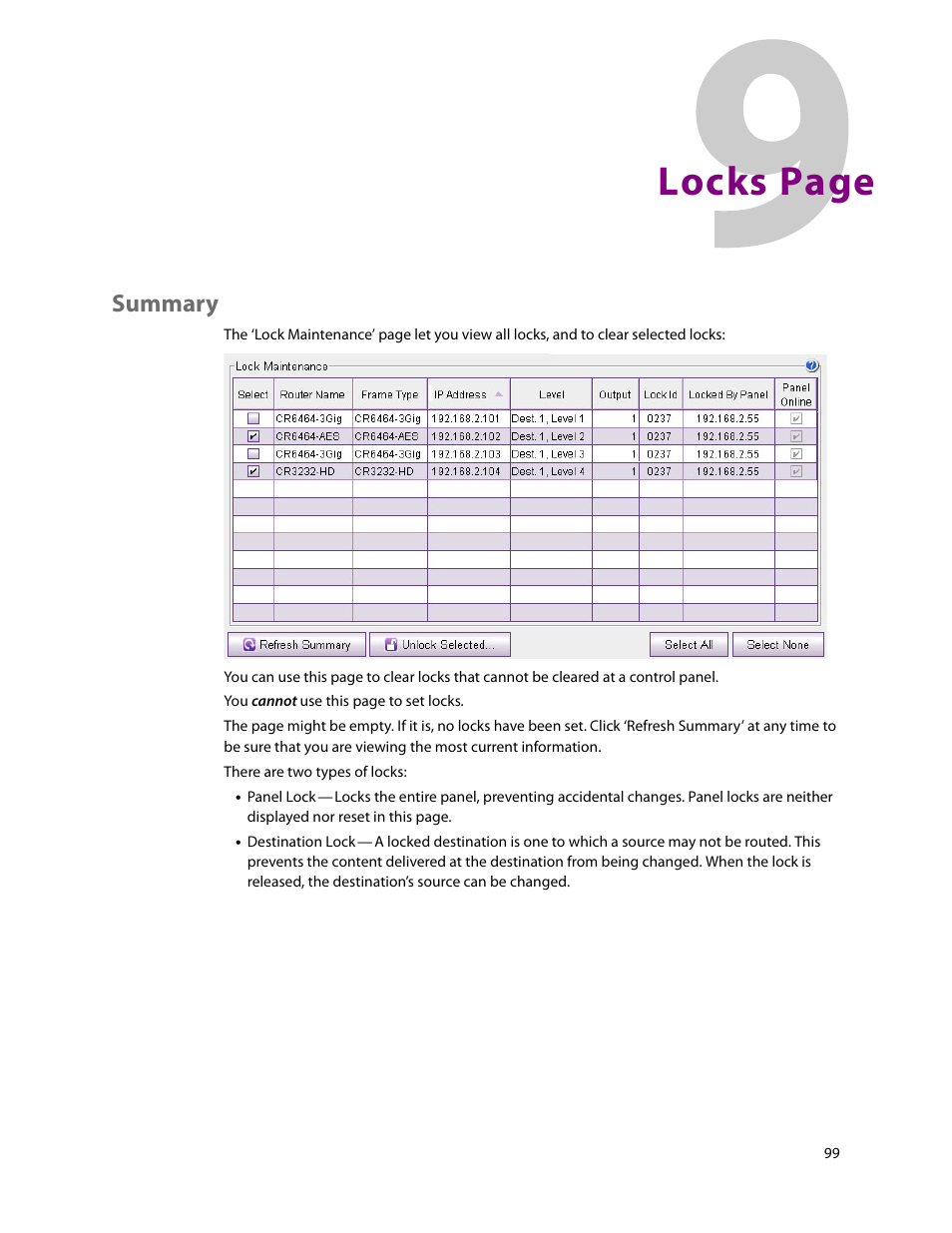 Summary, Locks page | Grass Valley CRSC v.3.2 User Manual | Page 111 / 186