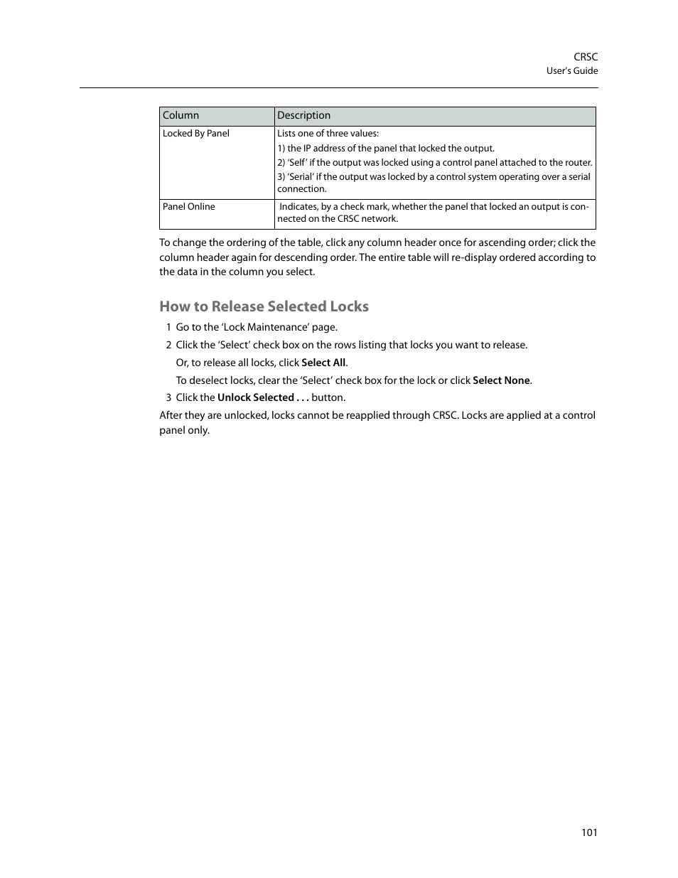 How to release selected locks | Grass Valley CRSC v.3.2 User Manual | Page 113 / 186