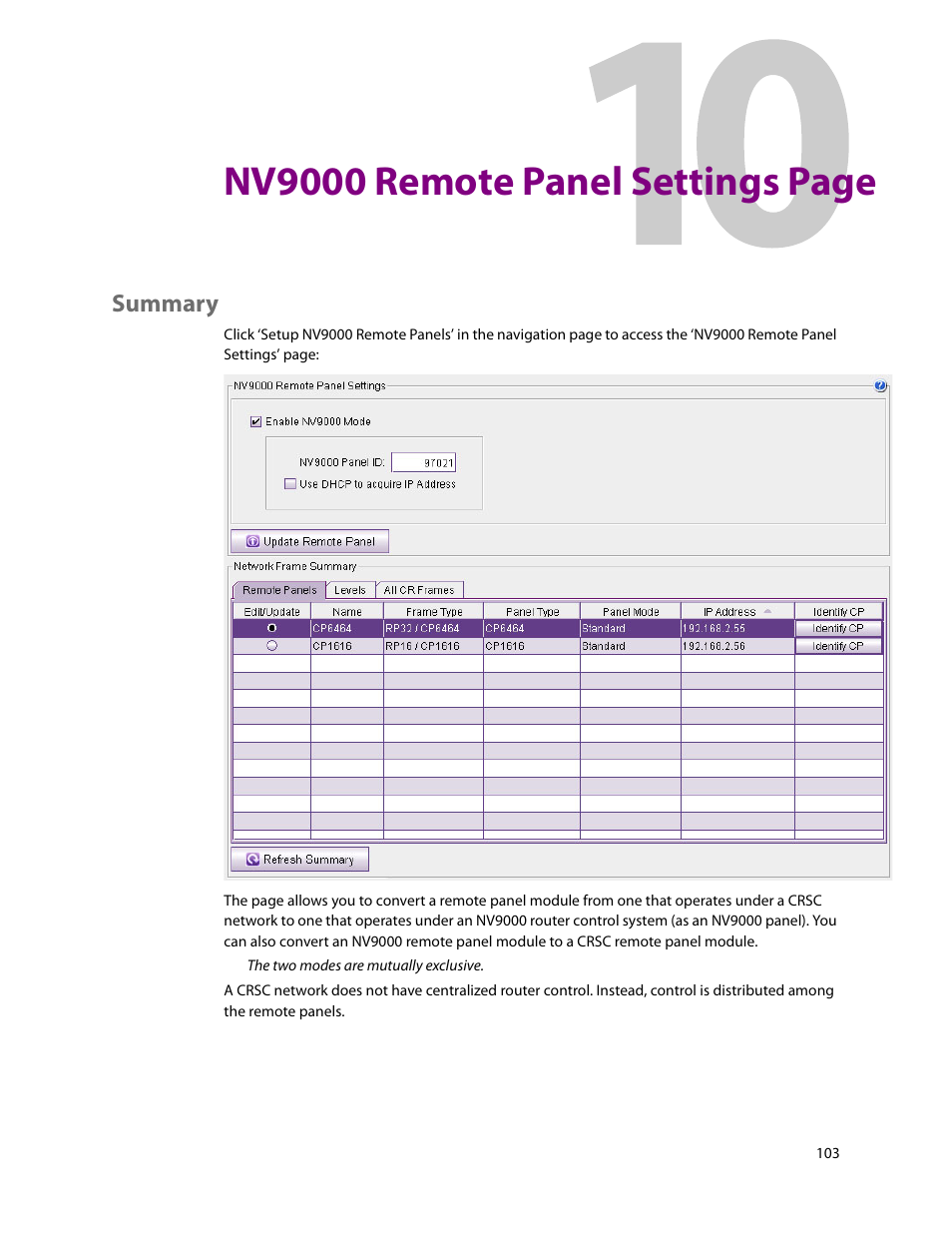 Summary, Nv9000 remote panel settings page | Grass Valley CRSC v.3.2 User Manual | Page 115 / 186