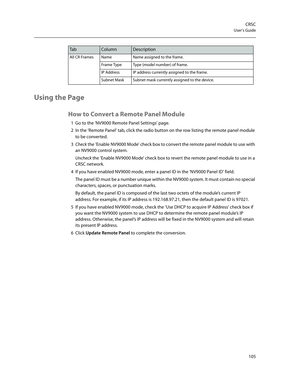 Using the page, How to convert a remote panel module | Grass Valley CRSC v.3.2 User Manual | Page 117 / 186