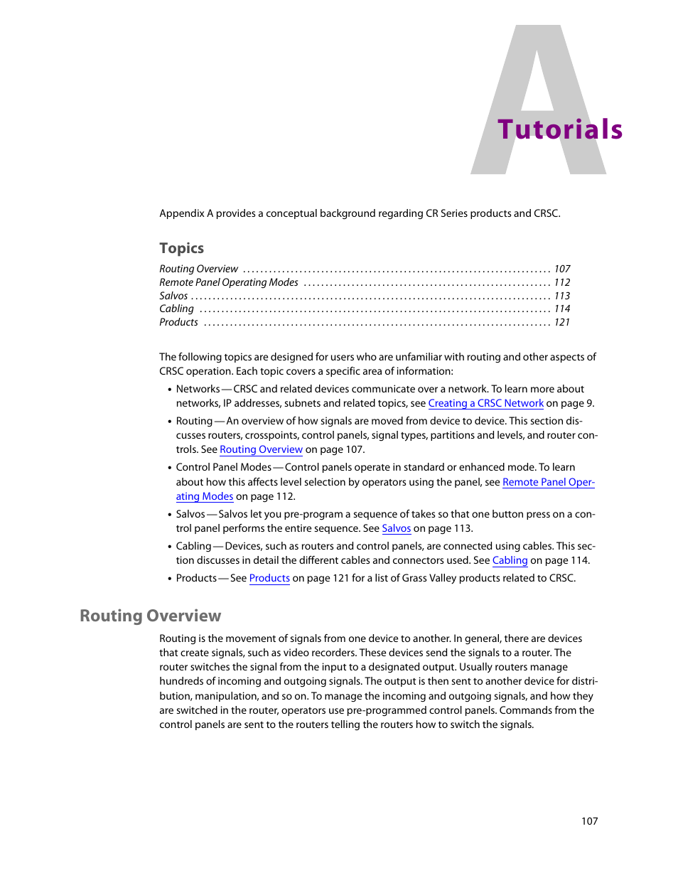 Tutorials, Routing overview, Appendix a: tutorials | Topics | Grass Valley CRSC v.3.2 User Manual | Page 119 / 186