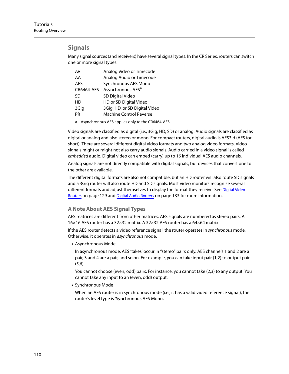Signals, A note about aes signal types | Grass Valley CRSC v.3.2 User Manual | Page 122 / 186