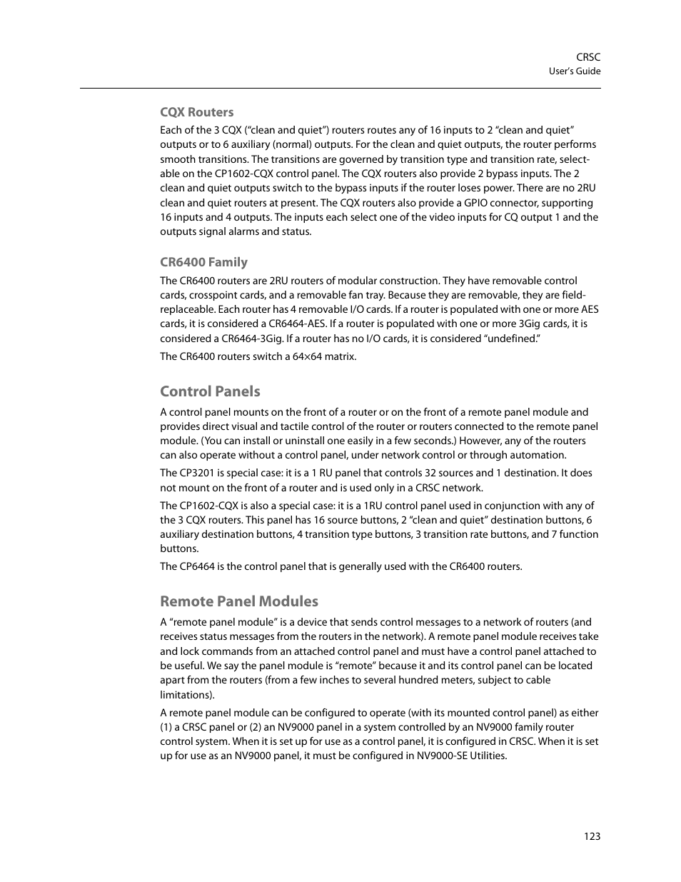 Control panels, Remote panel modules, Cqx routers cr6400 family | Control panels remote panel modules | Grass Valley CRSC v.3.2 User Manual | Page 135 / 186