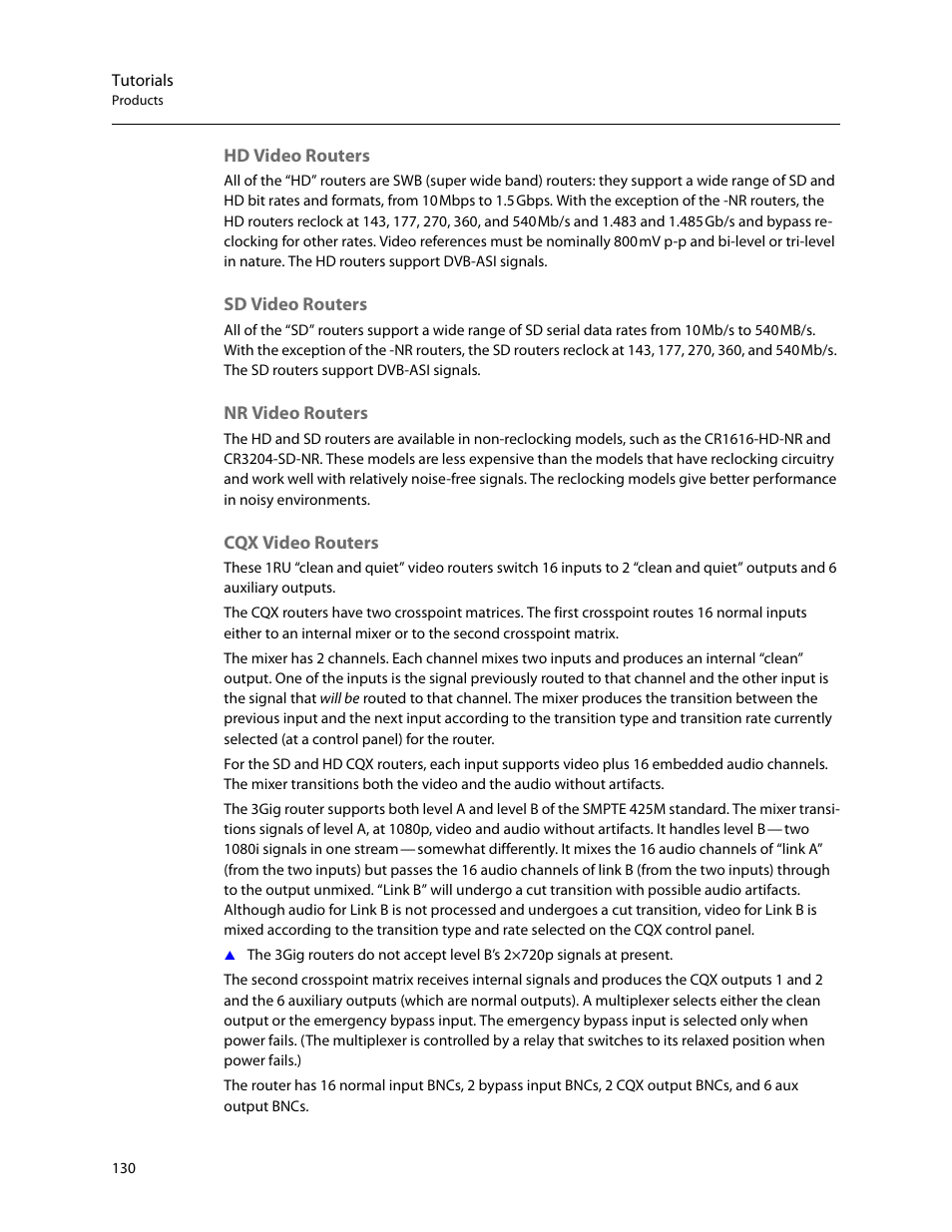 Hd video routers, Sd video routers, Nr video routers | Cqx video routers | Grass Valley CRSC v.3.2 User Manual | Page 142 / 186