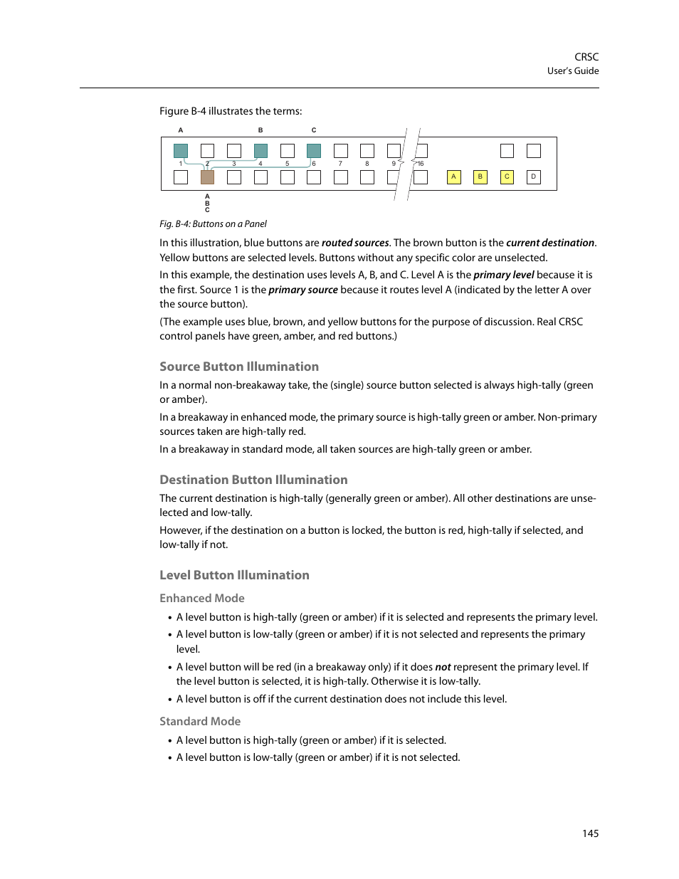 Source button illumination, Destination button illumination, Level button illumination | Enhanced mode, Standard mode | Grass Valley CRSC v.3.2 User Manual | Page 157 / 186