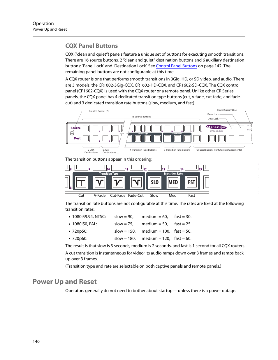 Cqx panel buttons, Power up and reset, Slo med fst | Grass Valley CRSC v.3.2 User Manual | Page 158 / 186