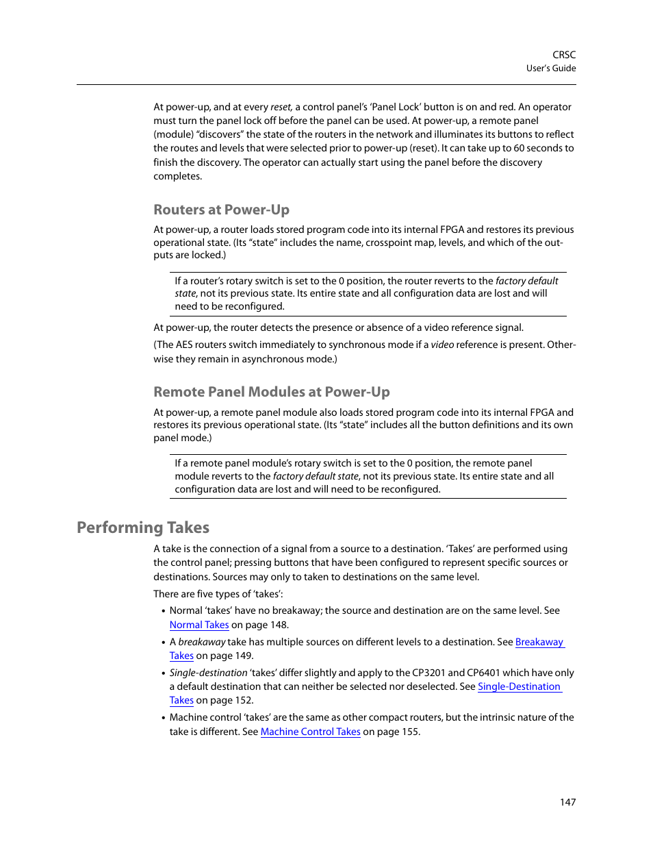 Routers at power-up, Remote panel modules at power-up, Performing takes | Y). see | Grass Valley CRSC v.3.2 User Manual | Page 159 / 186