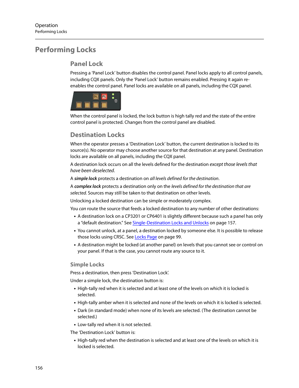 Performing locks, Panel lock, Destination locks | Panel lock destination locks, Simple locks | Grass Valley CRSC v.3.2 User Manual | Page 168 / 186