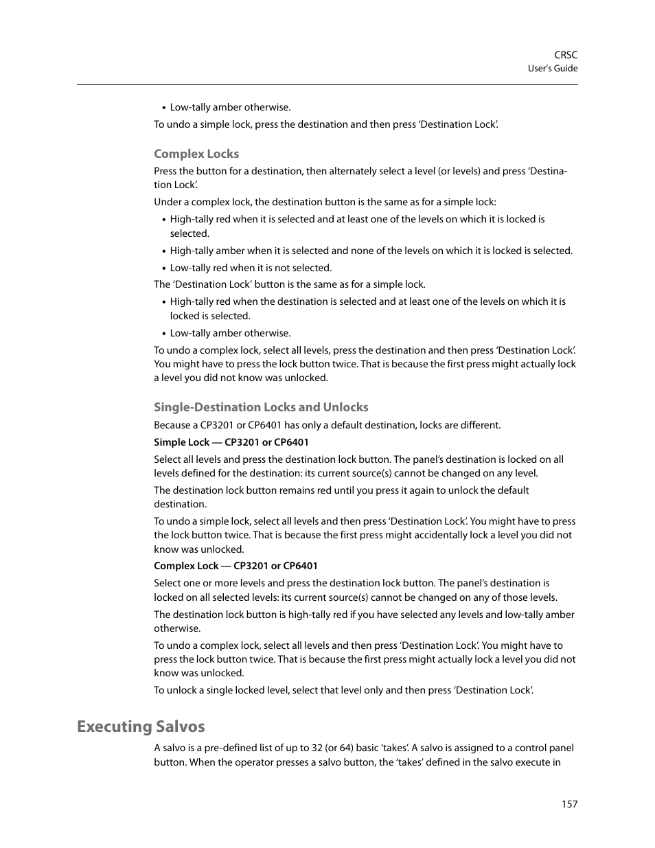Executing salvos, Complex locks single-destination locks and unlocks, Single-destination locks and unlocks | Grass Valley CRSC v.3.2 User Manual | Page 169 / 186