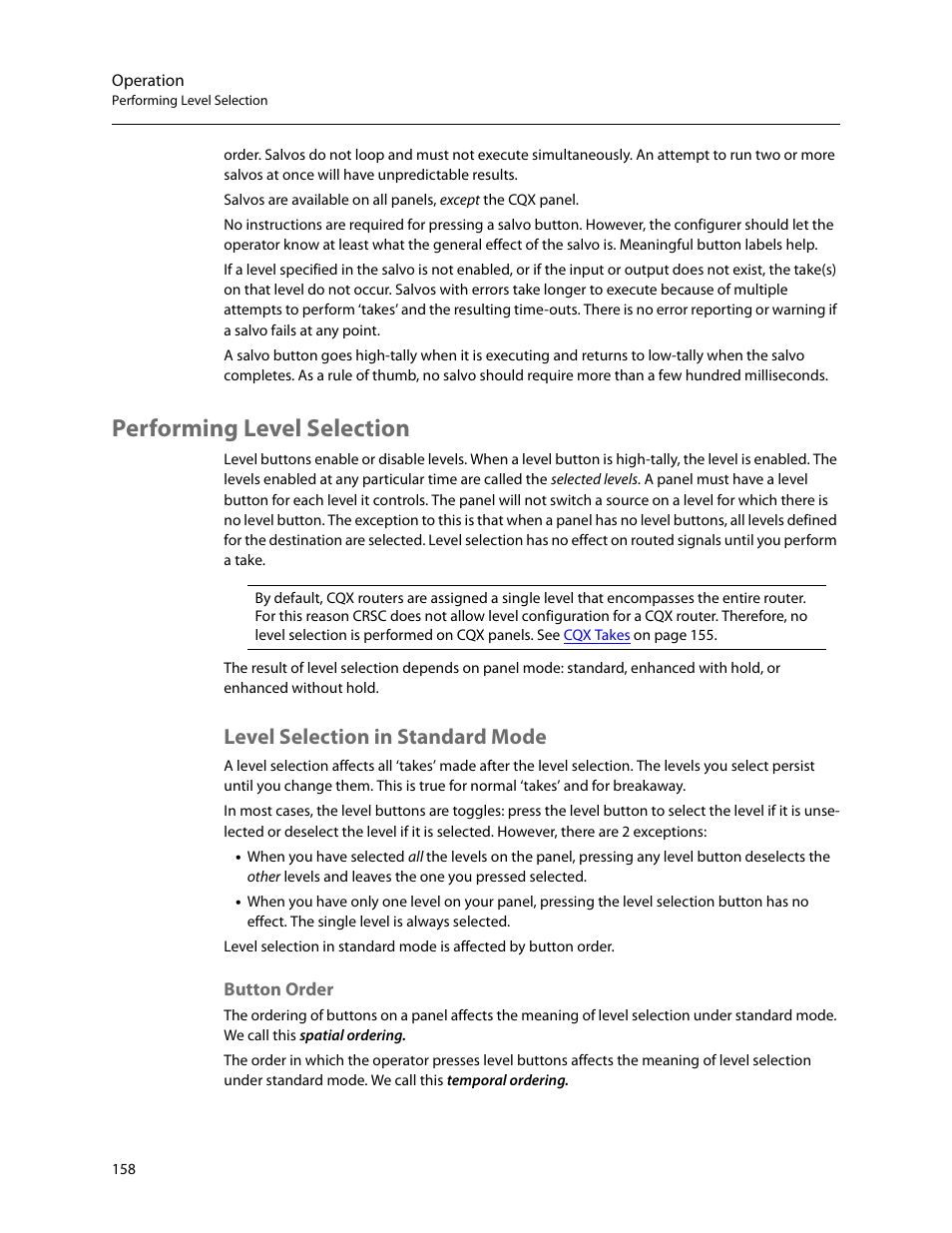 Performing level selection, Level selection in standard mode, Button order | Grass Valley CRSC v.3.2 User Manual | Page 170 / 186
