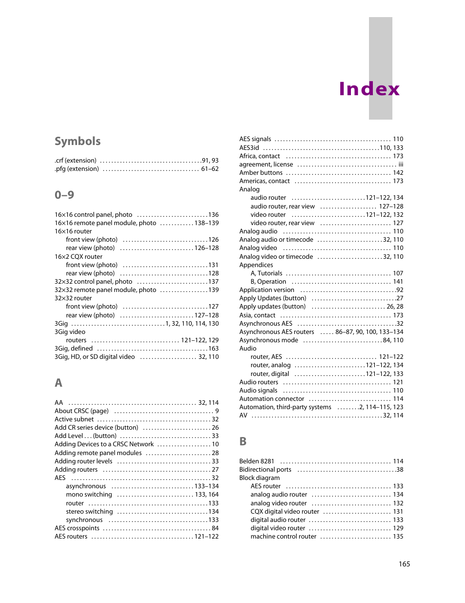 Index, Symbols | Grass Valley CRSC v.3.2 User Manual | Page 177 / 186