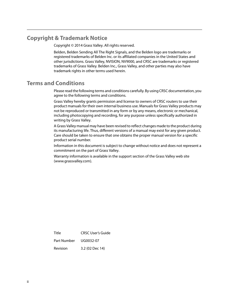 Copyright & trademark notice, Terms and conditions | Grass Valley CRSC v.3.2 User Manual | Page 2 / 186