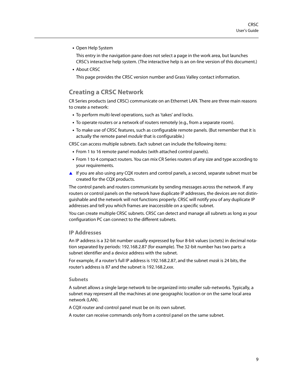 Creating a crsc network, Ip addresses | Grass Valley CRSC v.3.2 User Manual | Page 21 / 186