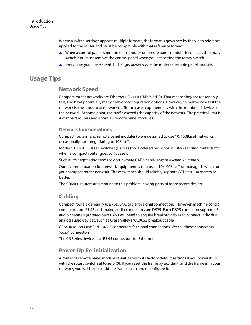 Usage tips, Network speed, Cabling | Power-up re-initialization, Network considerations, Cabling power-up re-initialization | Grass Valley CRSC v.3.2 User Manual | Page 24 / 186