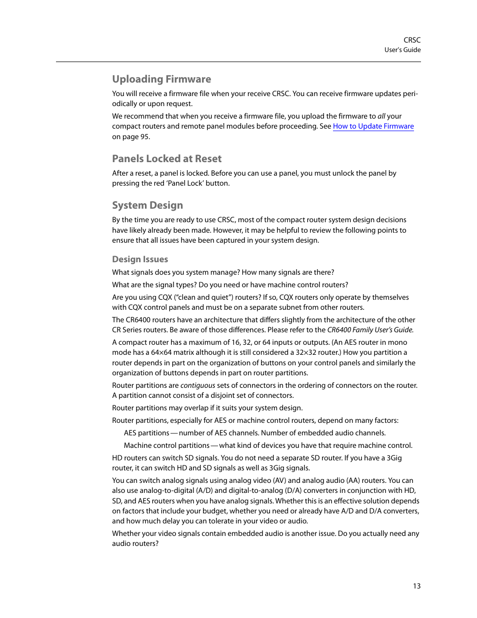 Uploading firmware, Panels locked at reset, System design | Design issues | Grass Valley CRSC v.3.2 User Manual | Page 25 / 186
