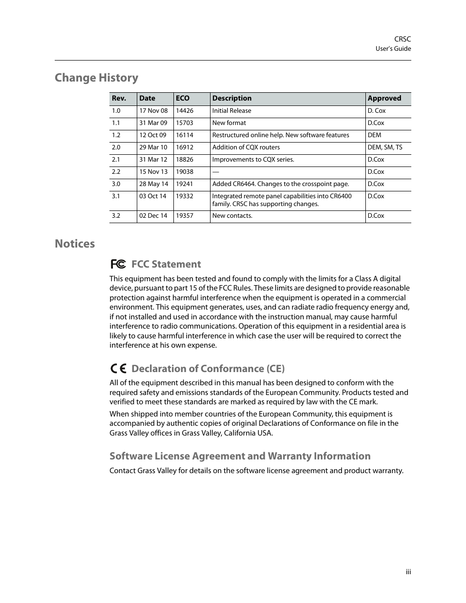 Change history notices, Fcc statement, Declaration of conformance (ce) | Grass Valley CRSC v.3.2 User Manual | Page 3 / 186
