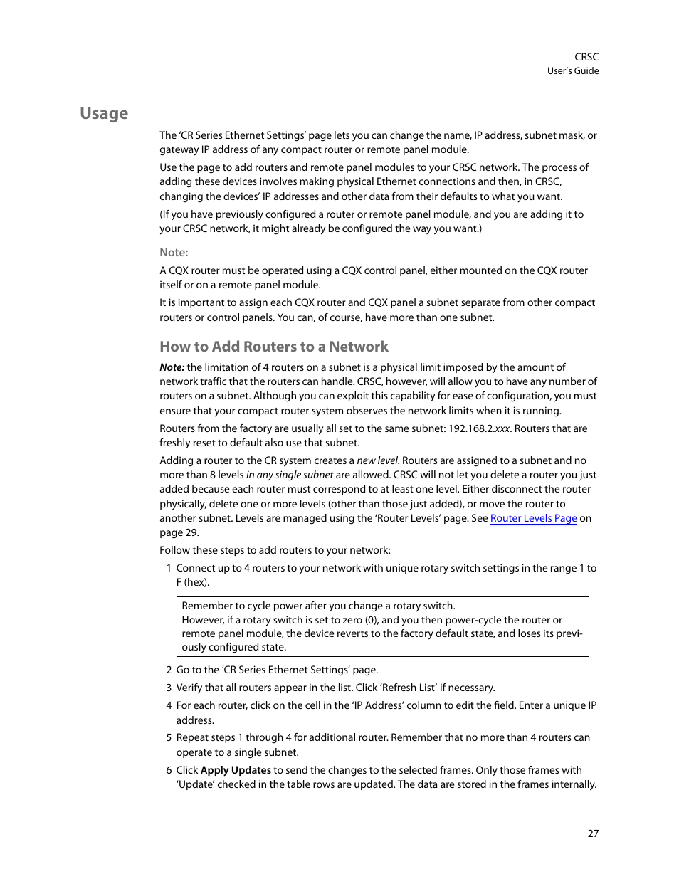 Usage, How to add routers to a network | Grass Valley CRSC v.3.2 User Manual | Page 39 / 186