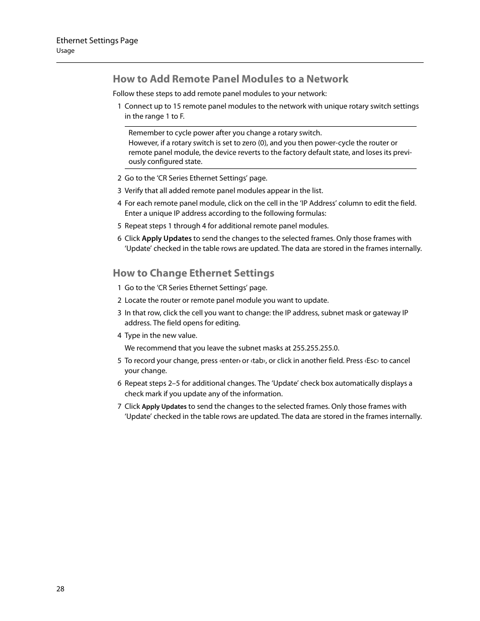 How to add remote panel modules to a network, How to change ethernet settings | Grass Valley CRSC v.3.2 User Manual | Page 40 / 186