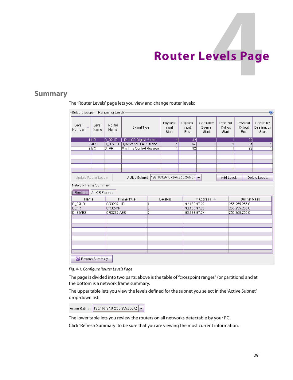 Summary, Router levels page | Grass Valley CRSC v.3.2 User Manual | Page 41 / 186
