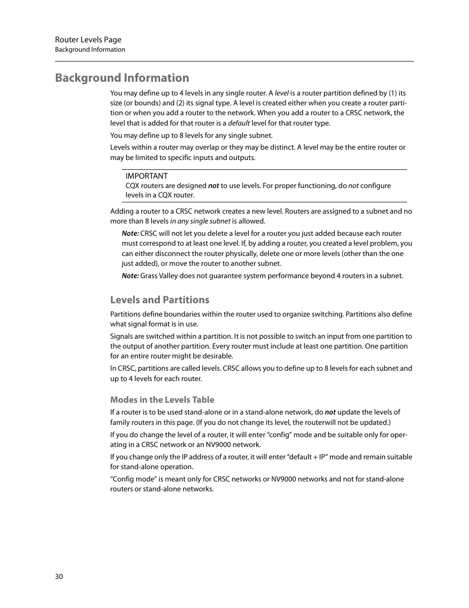 Background information, Modes in the levels table, Levels and partitions | Grass Valley CRSC v.3.2 User Manual | Page 42 / 186