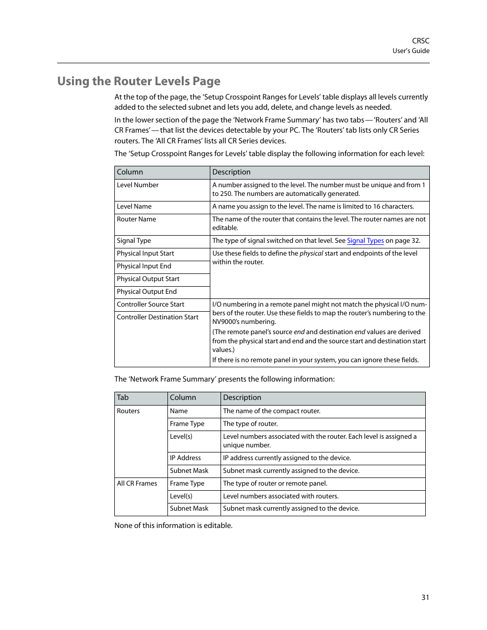 Using the router levels page | Grass Valley CRSC v.3.2 User Manual | Page 43 / 186