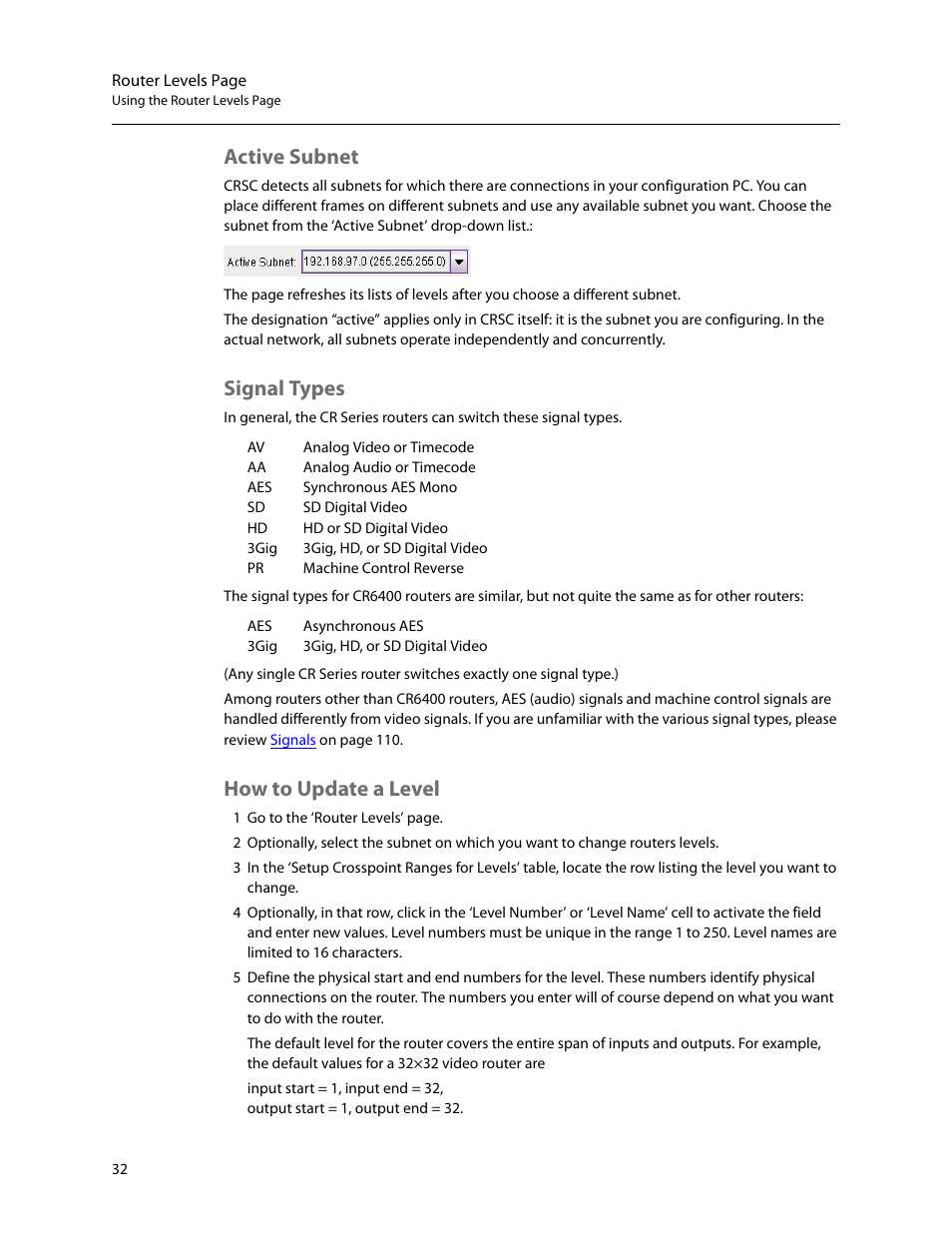 Active subnet, Signal types, How to update a level | Active subnet signal types how to update a level | Grass Valley CRSC v.3.2 User Manual | Page 44 / 186