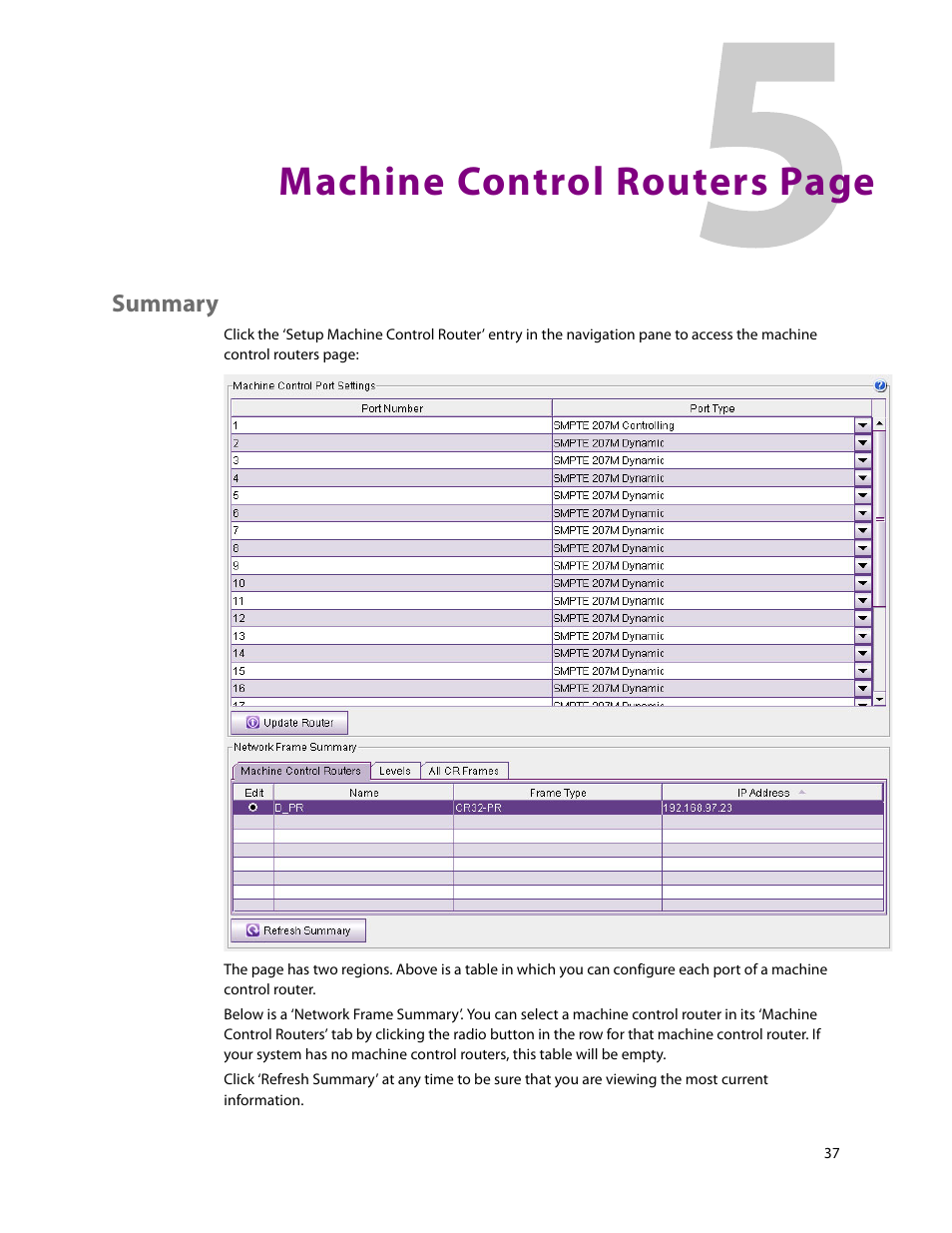 Summary, Machine control routers page | Grass Valley CRSC v.3.2 User Manual | Page 49 / 186