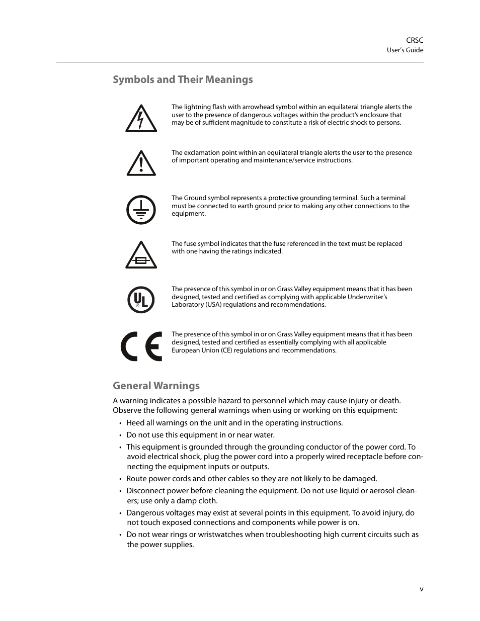 Symbols and their meanings general warnings | Grass Valley CRSC v.3.2 User Manual | Page 5 / 186