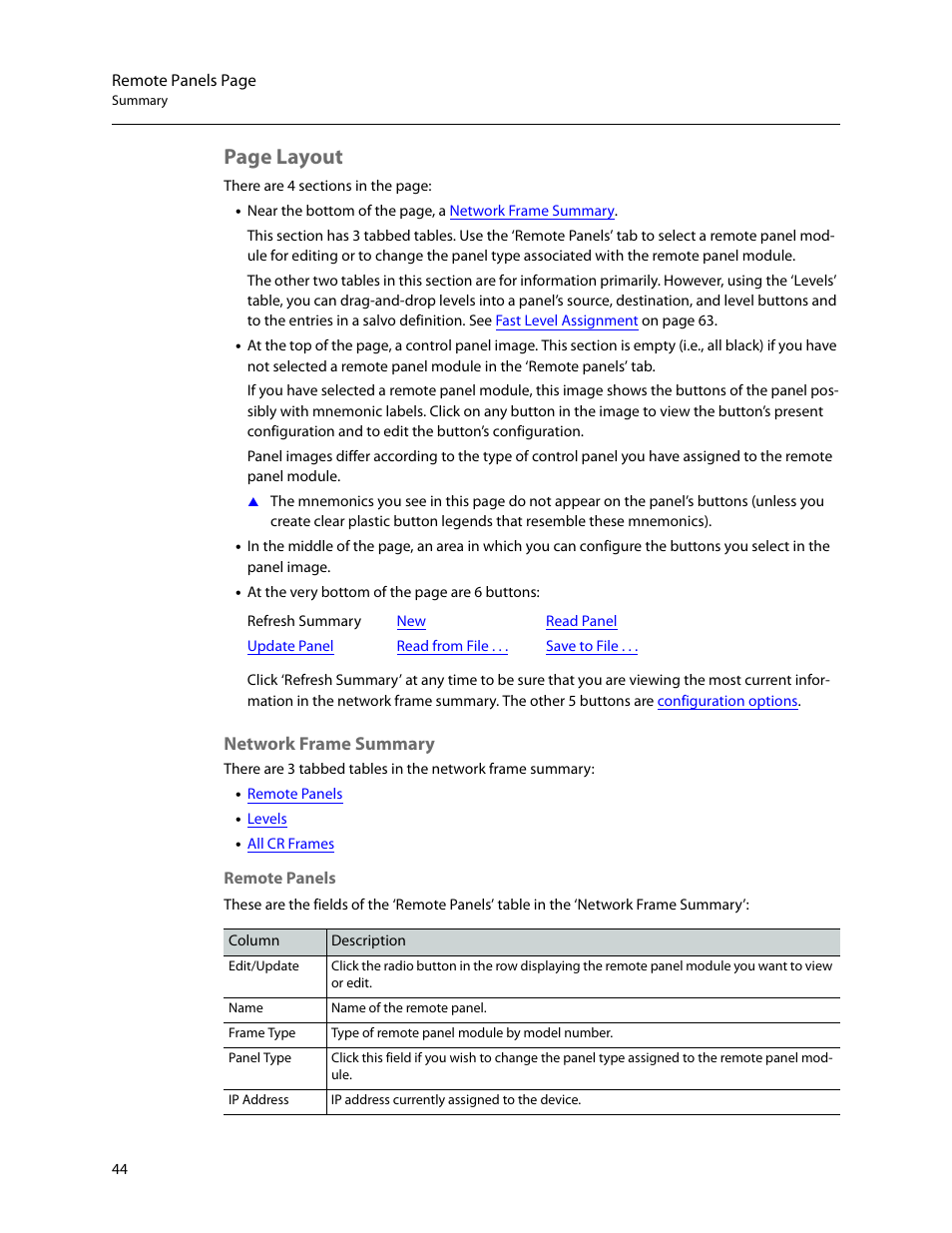 Network frame summary, Page layout | Grass Valley CRSC v.3.2 User Manual | Page 56 / 186